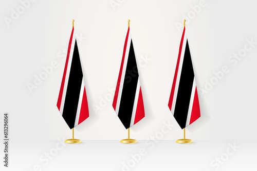 Three Trinidad and Tobago flags in a row on a golden stand, illustration of press conference and other meetings.