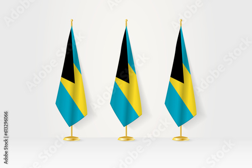 Three The Bahamas flags in a row on a golden stand, illustration of press conference and other meetings.