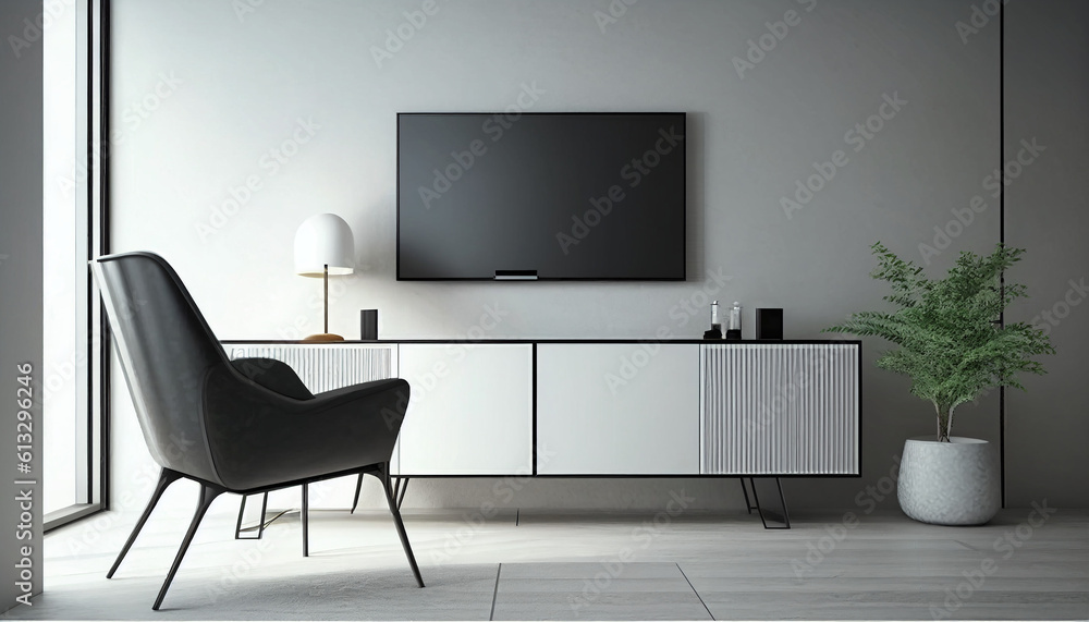 Fototapeta premium Modern living room with armchair, The TV cabinet is located on the living room's white plaster wall.
