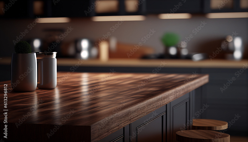 Dark wooden table top on a blurry kitchen area background, Generative AI Dark wooden table top on a blurry kitchen area background, Generative AI