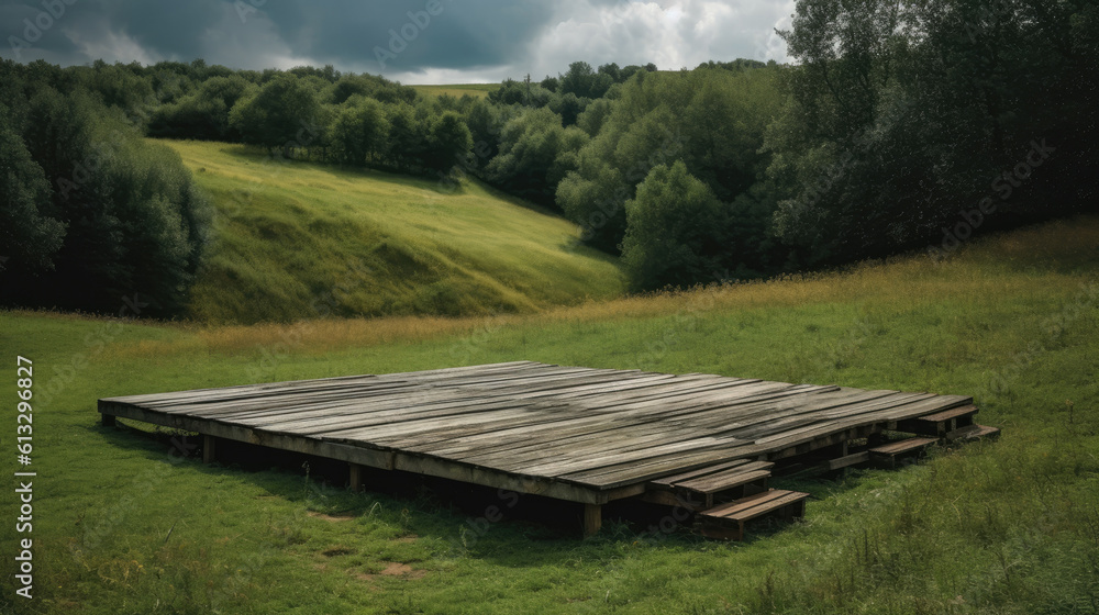 Wooden pier and benches on the background of a green meadow