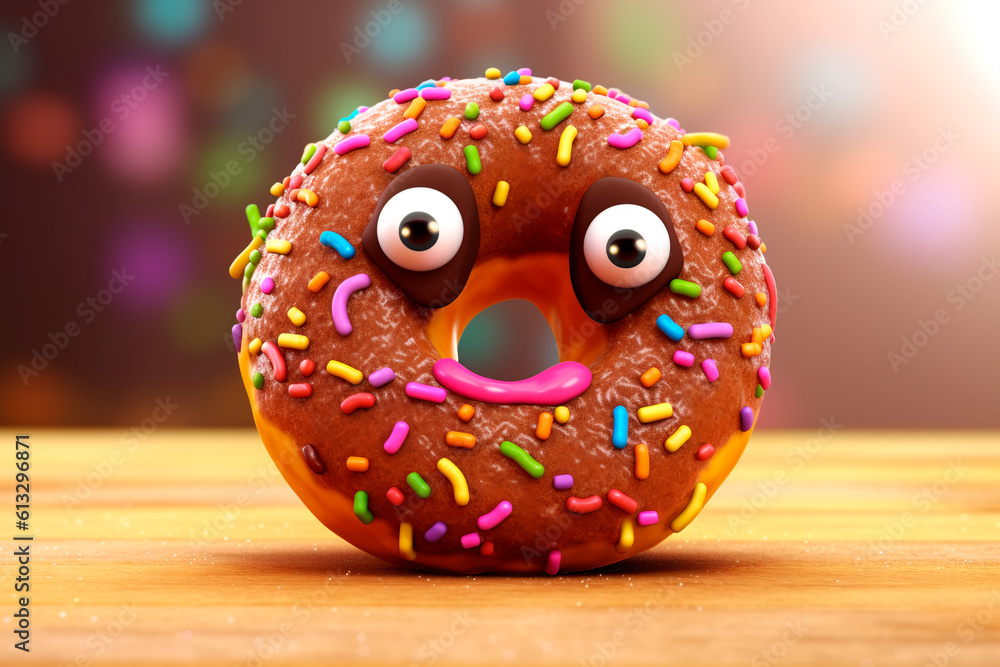Cute chocolate donut with eyes. Generative AI. Playful character for children's cartoon, notebook. National Donut Day or Fat Thursday. Funny illustration for street food, cafe, coffee shop, menu