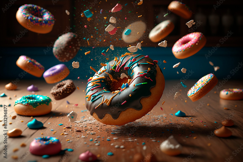 Donuts fall on wooden table. Generative AI. Various decorated doughnuts in motion falling. National Donut Day or Fat Thursday. Explosion of emotions. The mood of the holiday, parties, admiration Donuts fall on wooden table. Generative AI. Various decorated doughnuts in motion falling. National Donut Day or Fat Thursday. Explosion of emotions. The mood of the holiday, parties, admiration