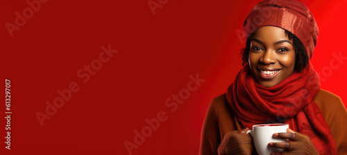 Woman in Red Drinking a Hot...