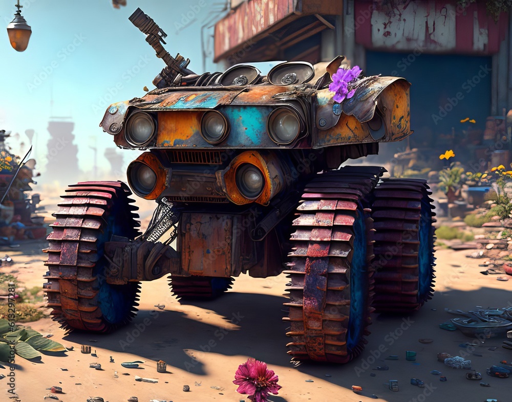 Rusty robot on caterpillar over city background. Generated by AI