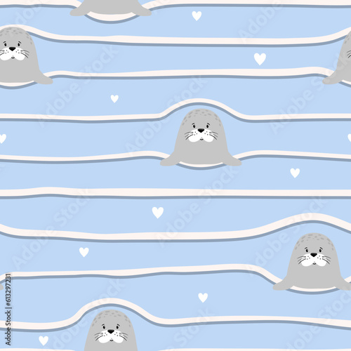 Cute cartoon seal pattern. Seamless animal print for kids. Vector striped background