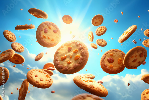 Delicious crispy cookies levitate among clouds in sunshine on blue background. Sweet dreams. Generative AI