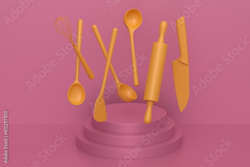 Abstract scene or podium with kitchen utensil on monochrome.