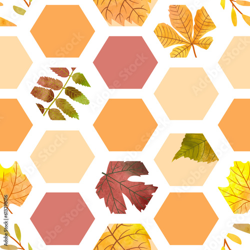 Seamless abstract geometric pattern with autumn leaves. Vector hexagon backgr...