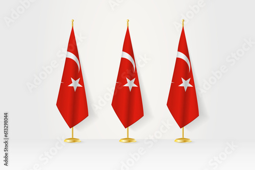 Three Turkey flags in a row on a golden stand, illustration of press conference and other meetings.