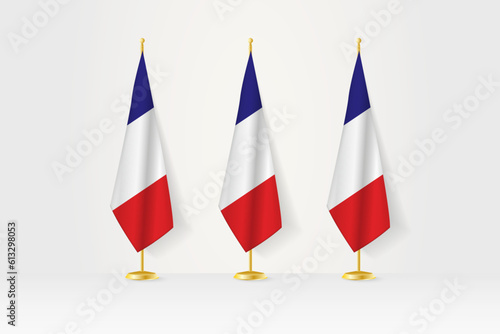Three France flags in a row on a golden stand, illustration of press conference and other meetings.