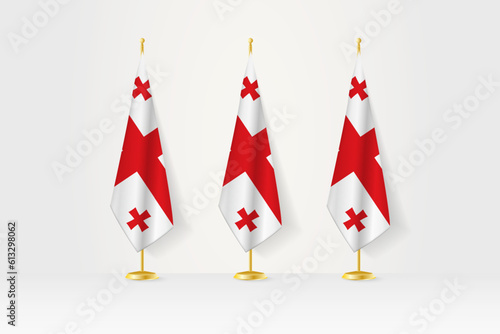 Three Georgia flags in a row on a golden stand, illustration of press conference and other meetings.