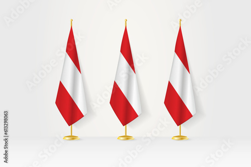 Three Austria flags in a row on a golden stand, illustration of press conference and other meetings.