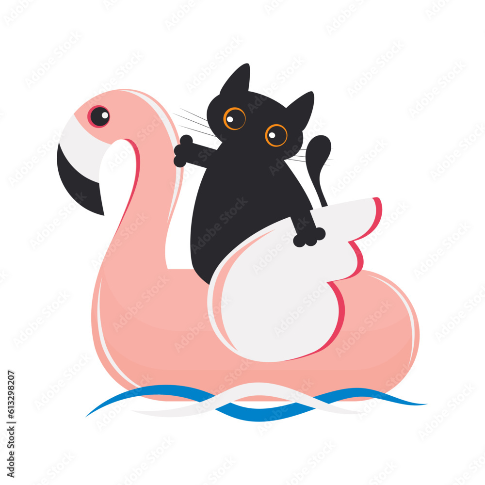 Fototapeta premium A black cartoon cat on a pink flamingo floats on the sea waves. Cute summer print isolated on white background. Vector.