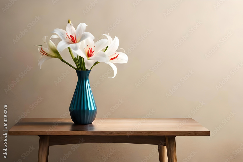 Lily vase arrangement on a beige background, with a glass minimalist vase as minimalist decor Lily vase arrangement on a beige background, with a glass minimalist vase as minimalist decor