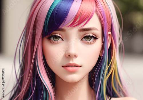 Fashion portrait of a beautiful woman with multicolored hair. Generative AI