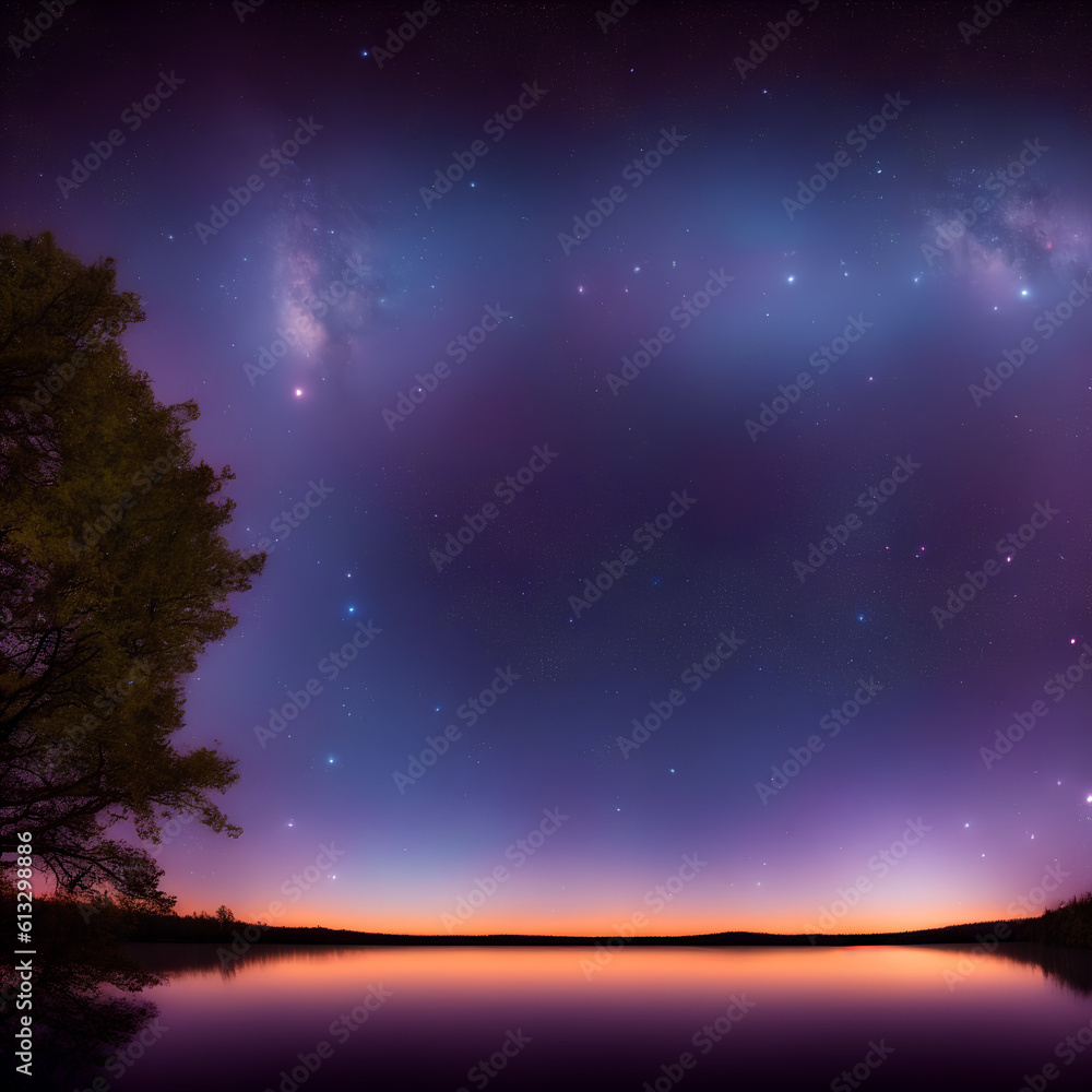 A beautiful lake with trees under a starry sky with neon colors. Generative AI