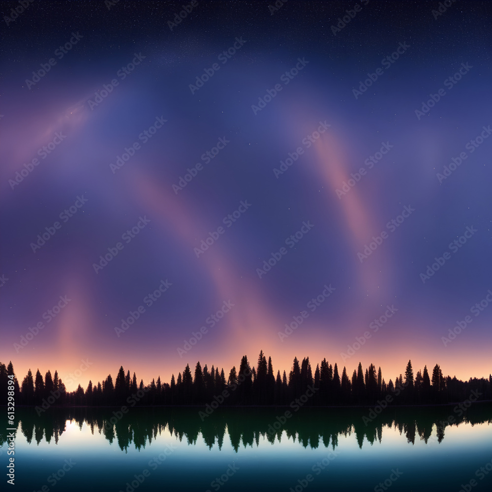 A beautiful lake with trees under a starry sky with neon colors. Generative AI