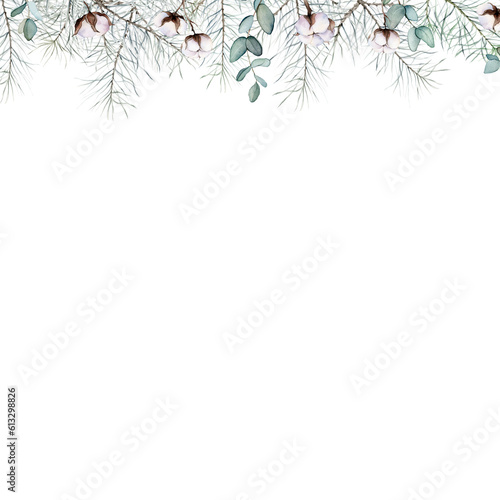 Watercolor Christmas frame of pine branches, eucalyptus, cotton. Decorative element for greeting card. Illustration