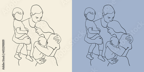 Happy family with kids line art on blue and yellow background. Parents and newborn minimal design for card template. Outline vector illustration