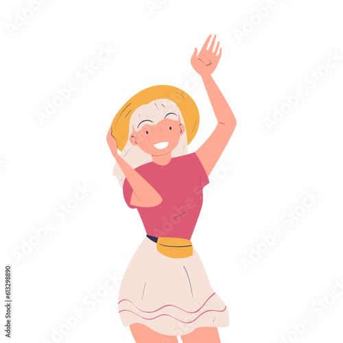 Happy Blond Woman Character in Hat Waving Hand and Smiling Vector Illustration