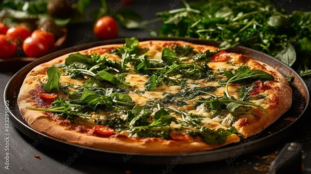 Circle pizza vegetarian with leafy greens and appetizing crust on plate. Dark table background. Food photograph for restaurant, cafe, magazine, website. Ai Generative