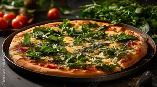 Circle pizza vegetarian with leafy greens and appetizing crust on plate. Dark table background. Food photograph for restaurant, cafe, magazine, website. Ai Generative