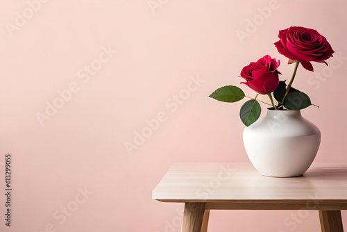Wallpaper Mural Rose (Hybrid Tea) arrangement in a vase on a light pink background, with a wooden minimalist sculpture as minimalist decor Torontodigital.ca
