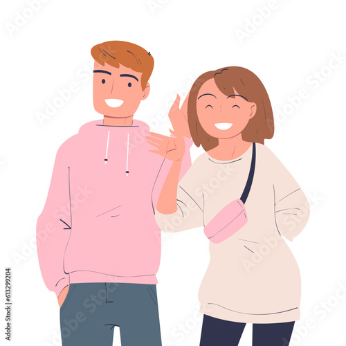 Happy Man and Woman Character Waving Hand and Smiling Vector Illustration