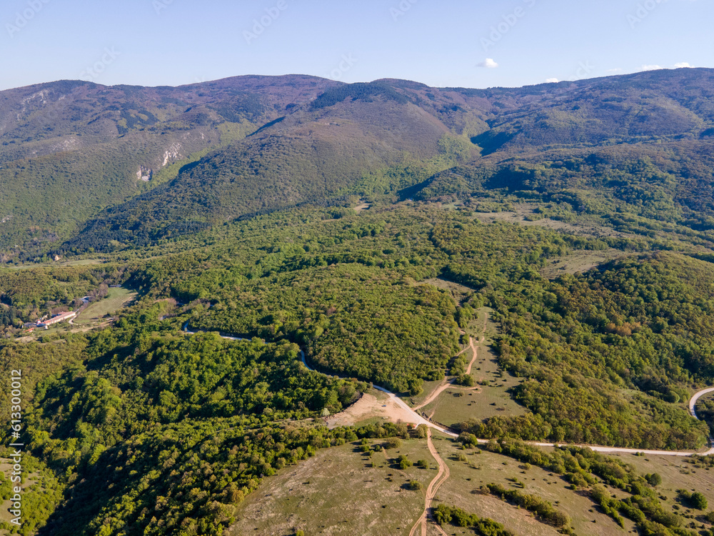 Aerial spring view of Rhodopes Mountain near town of Kuklen, Bulgaria