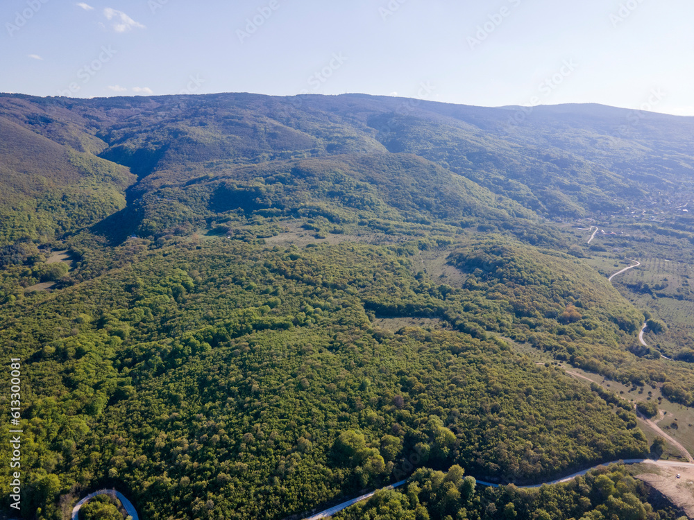Aerial spring view of Rhodopes Mountain near town of Kuklen, Bulgaria