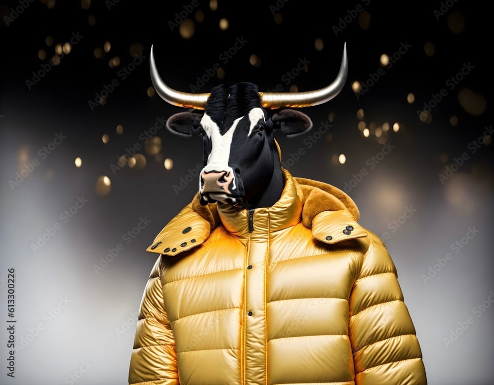 Bull wearing yellow puffy jacket in dark studio background, created using generative ai tools. 