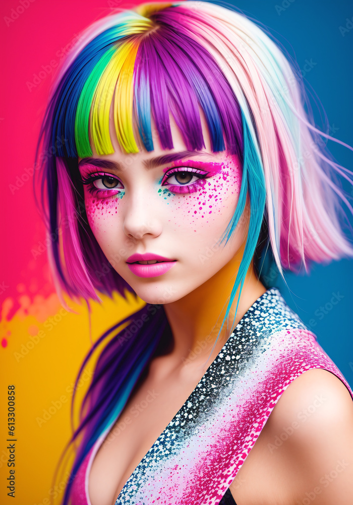 Fashion portrait of a beautiful woman with multi colored hair on bright background. Generative AI. Fashion portrait of a beautiful woman with multi colored hair on bright background. Generative AI.