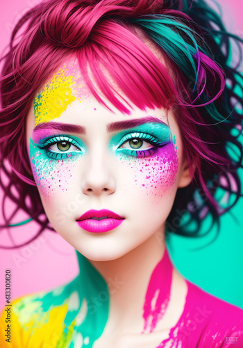 Fashion portrait of a beautiful woman with multi colored hair on bright background. Generative AI. © Anton Dios