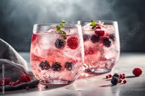 Two wildberry gin tonic beverages with frozen berry garnish in an isolated setting © Franziska