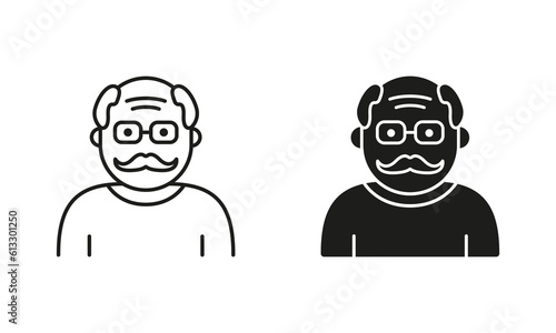Old Man, Senior Person Silhouette and Line Icon Black Set. Happy Elder Man Pictogram. Old Grandfather Symbol Collection on White Background. Retirement Concept. Isolated Vector Illustration