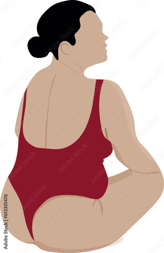 light-skinned overweight girl in red swimsuit, back view, vector illustration light-skinned overweight girl in red swimsuit, back view, vector illustration