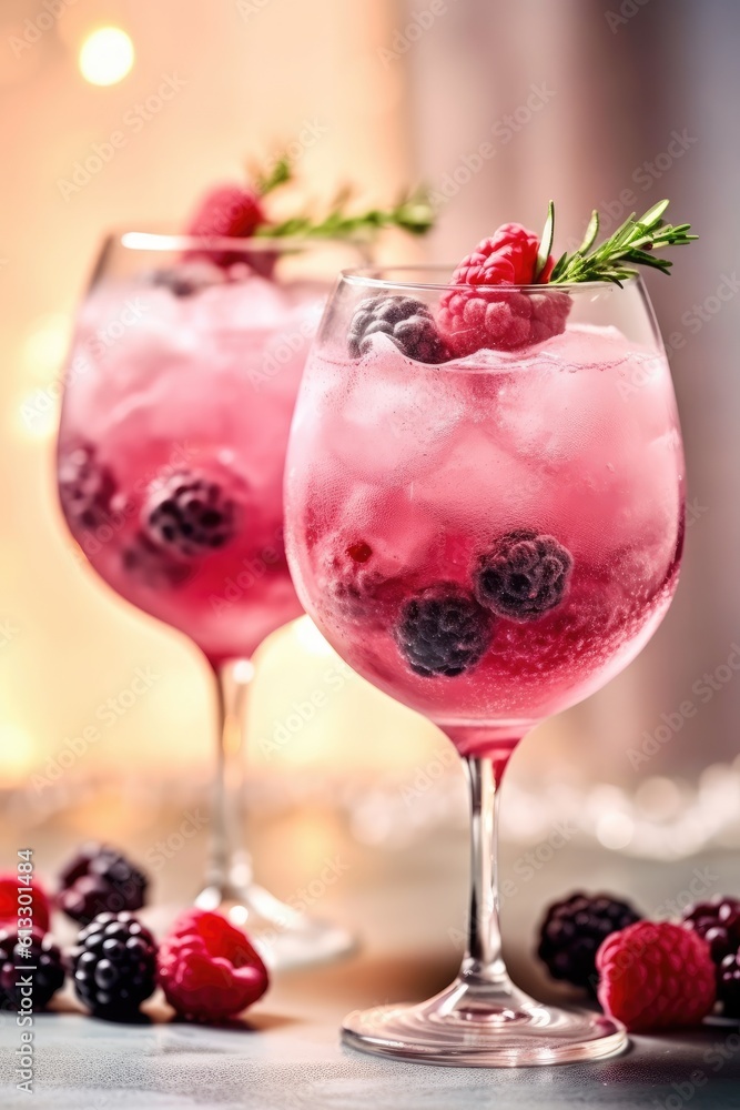 Two wildberry gin tonic beverages with frozen berry garnish in an isolated setting Two wildberry gin tonic beverages with frozen berry garnish in an isolated setting