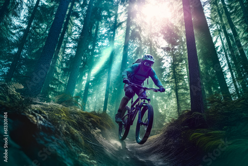 Mountain biker travels on a trail in the forest. Generative Ai.