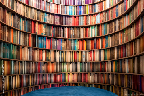 Library with colorful books on bookshelves, high resolution. Generative Ai.