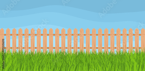 Green grass and fence on blue sky background. Wooden fence or Farm garden barrier in flat style. Summer landscape vector illustration