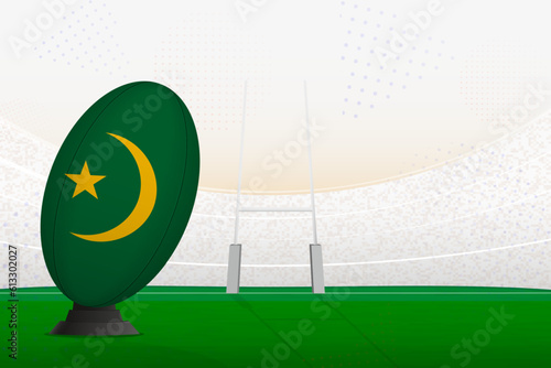 Mauritania national team rugby ball on rugby stadium and goal posts, preparing for a penalty or free kick.