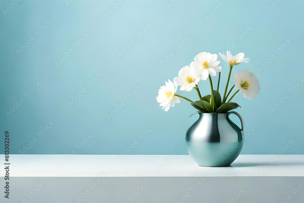 Primrose vase arrangement on a light blue background, with a metal minimalist sculpture as minimalist decor Primrose vase arrangement on a light blue background, with a metal minimalist sculpture as minimalist decor