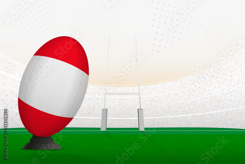 Peru national team rugby ball on rugby stadium and goal posts  preparing for a penalty or free kick.