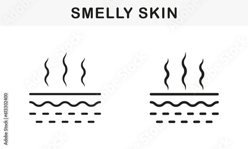 Skin Stink Hygiene Trouble, Body Reek Symbol Collection. Stench Skin. Smelly Skin Line and Silhouette Black Icon Set. Bad Skin Odor of Underarm, Feet, Armpit Pictogram. Isolated Vector Illustration
