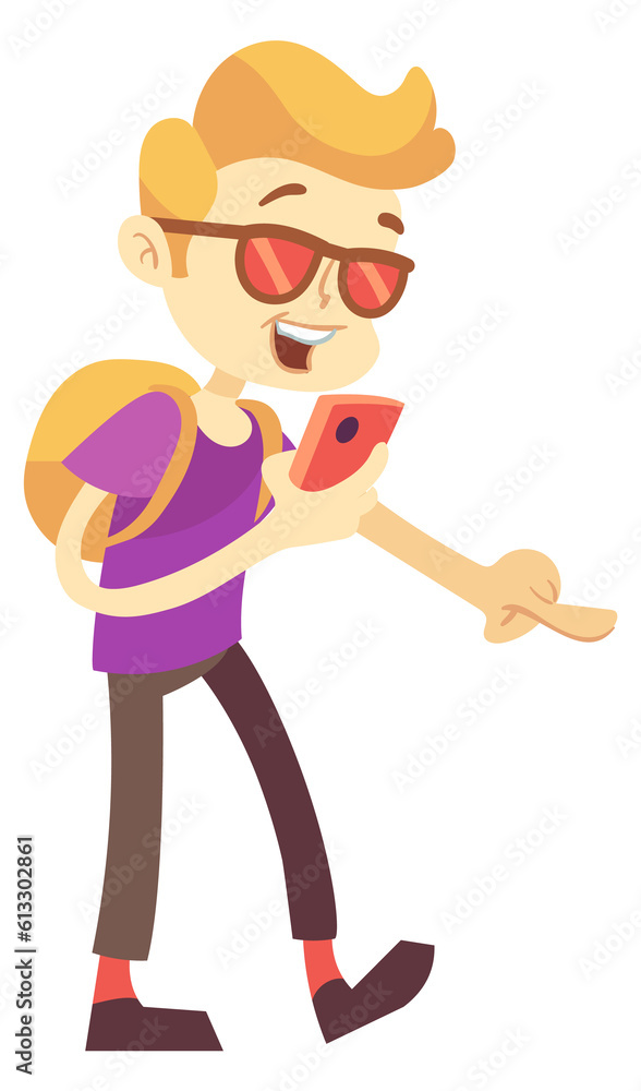 Fototapeta premium Kid playing augmented reality game on smartphone. Cartoon character