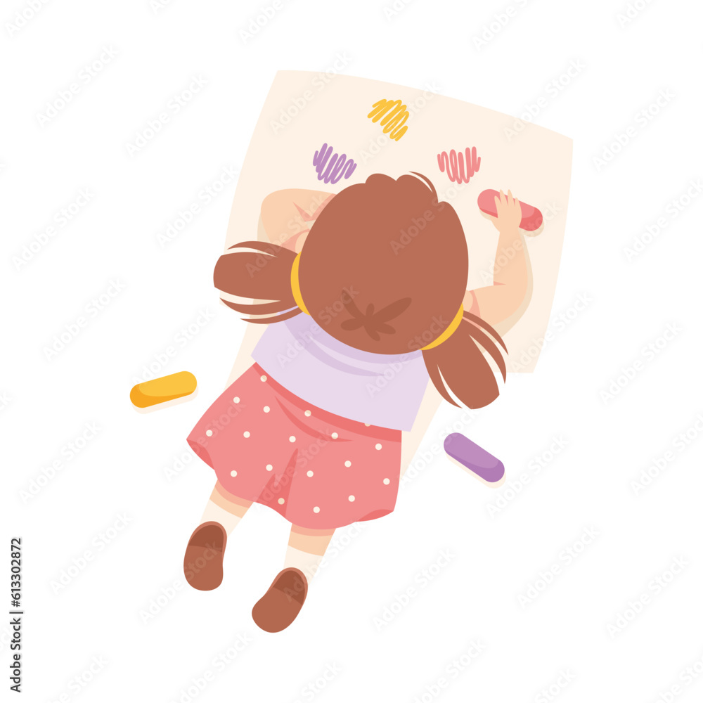 Little Girl Character Lying and Drawing with Crayons on Paper Above View Vector Illustration Little Girl Character Lying and Drawing with Crayons on Paper Above View Vector Illustration