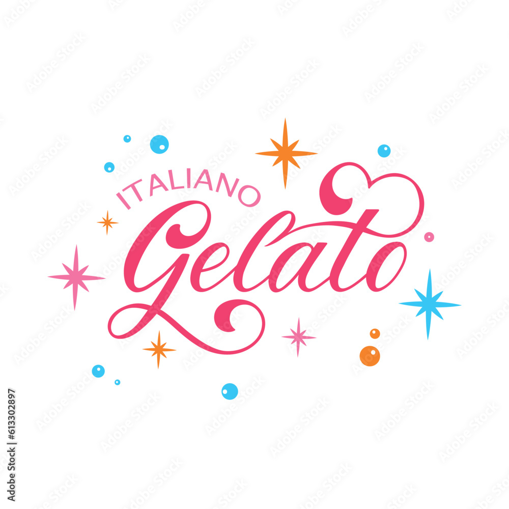 Gelato Italiano hand drawn text. Modern brush ink calligraphy, hand lettering typography. Template for cafe, menu. Design for ice cream logo, emblem. Vector illustration isolated on white background Gelato Italiano hand drawn text. Modern brush ink calligraphy, hand lettering typography. Template for cafe, menu. Design for ice cream logo, emblem. Vector illustration isolated on white background