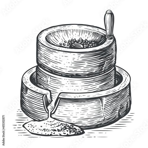 Manual old millstone. Hand drawn sketch vector illustration. Processing cereal seeds into flour for cooking
