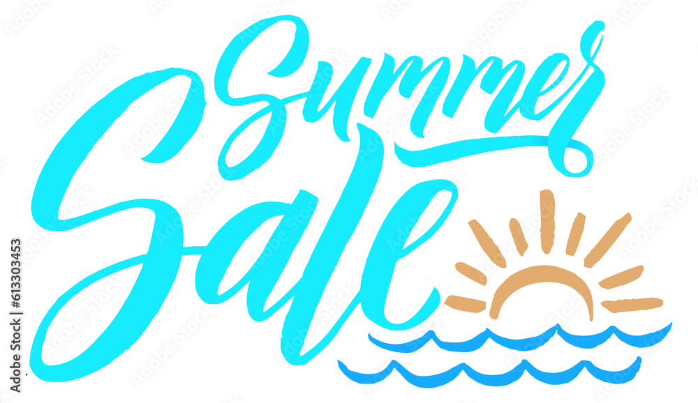 Handwritten summer sale logo with hand drawn ocean sunrise Handwritten summer sale logo with hand drawn ocean sunrise